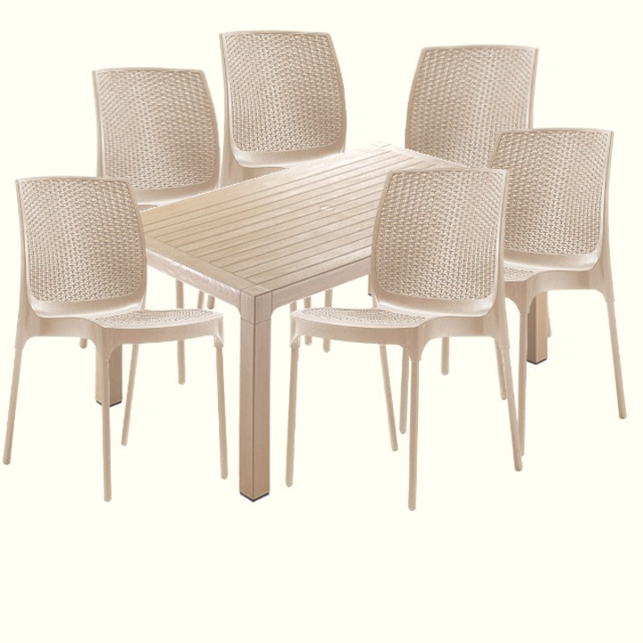 Set exterior gradina CULINARO KAHTLA masa 90x150x75cm 6 scaune polipropilen/fibra sticla culoare capucino
