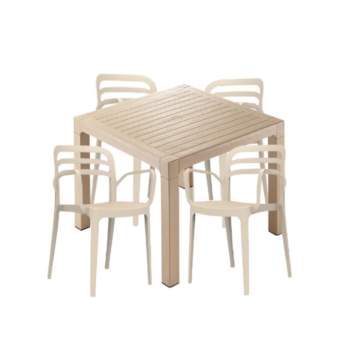 Set bar CULINARO AKSI masa patrata 90x90x75cm culoare capucino 4 scaune polipropilen/fibra sticla culoare bej