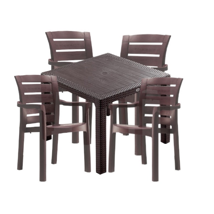 Set exterior CULINARO PALMSE Ratan imitatie masa patrata 90x90x75cm 4 scaune polipropilen/fibra sticla maro