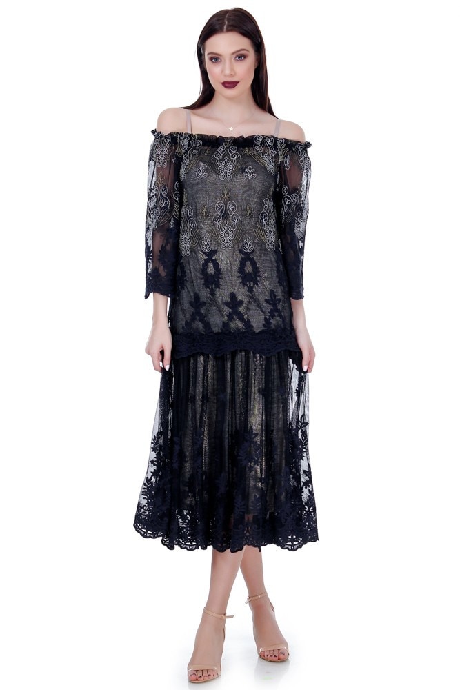 Rochie negru dentela cu broderie Liza Panait RM-28E
