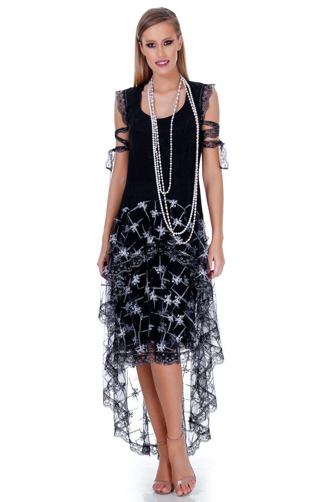 Rochie matase si tul negru/argintiu Liza Panait RM-41E
