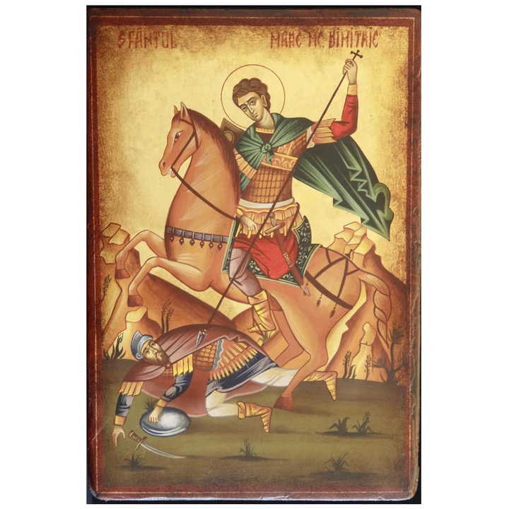 Icoana pictata pe lemn Bizantina Speciala Sf. Dimitrie RP, Artizanat Opait, 22X18cm