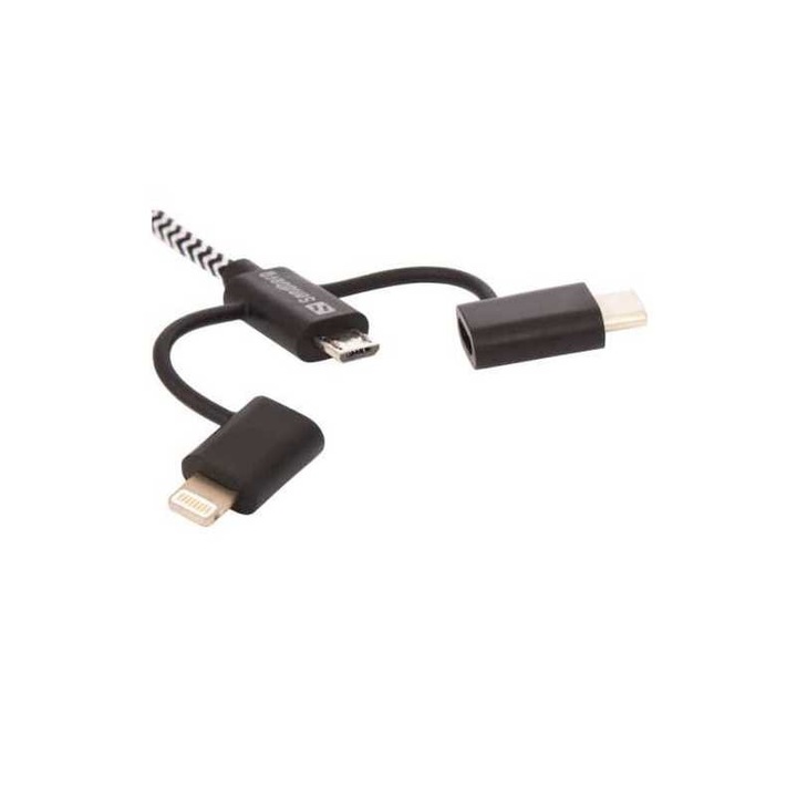 Adaptor cu cablu, Sandberg, tip lightning+MicroUSB+USB/C, 1m, negru