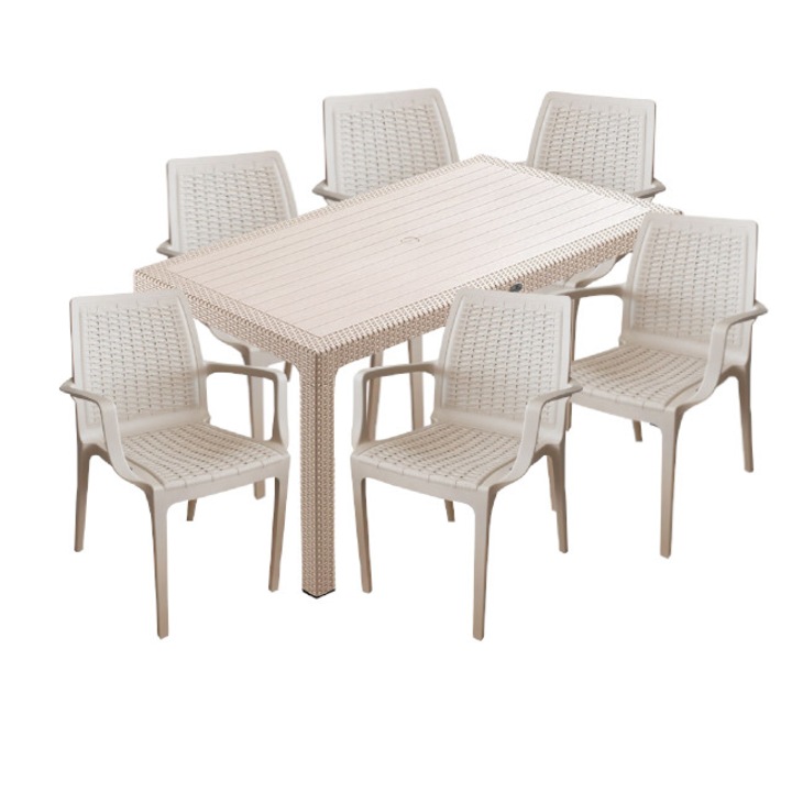Set mobila curte,gradina CULINARO SAKU Ratan imitatie masa 90x150x75cm 6 scaune polipropilen/fibra sticla culoare capucino