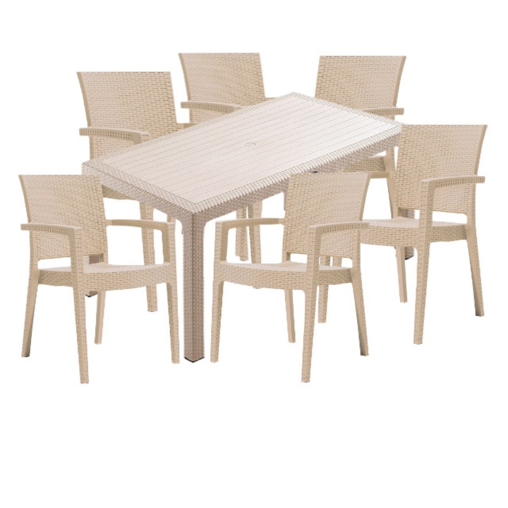 Set mobila curte,gradina CULINARO SILLAMAEE Ratan imitatie masa 90x150x75cm 6 scaune polipropilen/fibra sticla culoare capucino