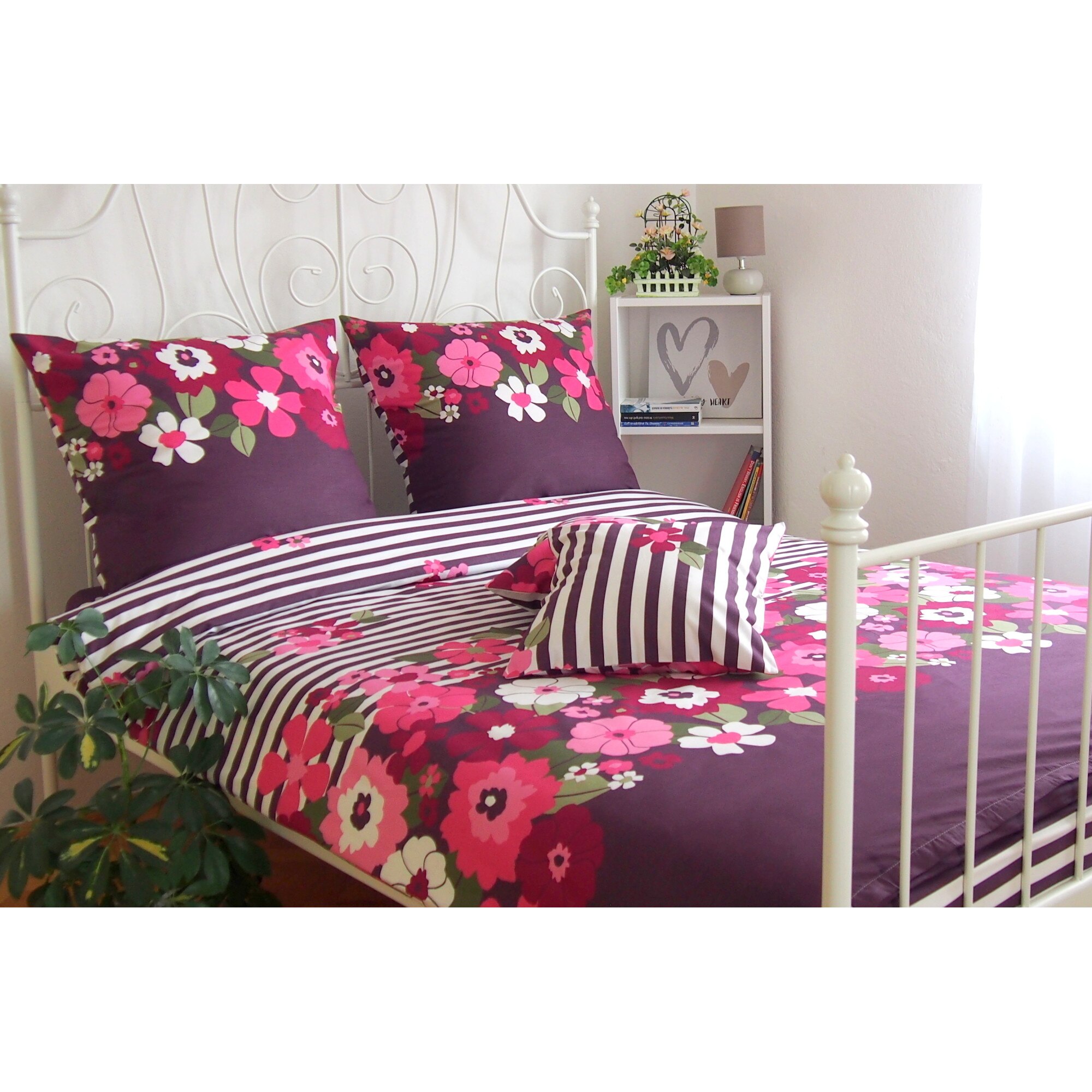 Lenjerie de pat, 4 piese, Partener Tex, Pat dublu, din bumbac 100% Ranforce, Dungi visinii cu flori