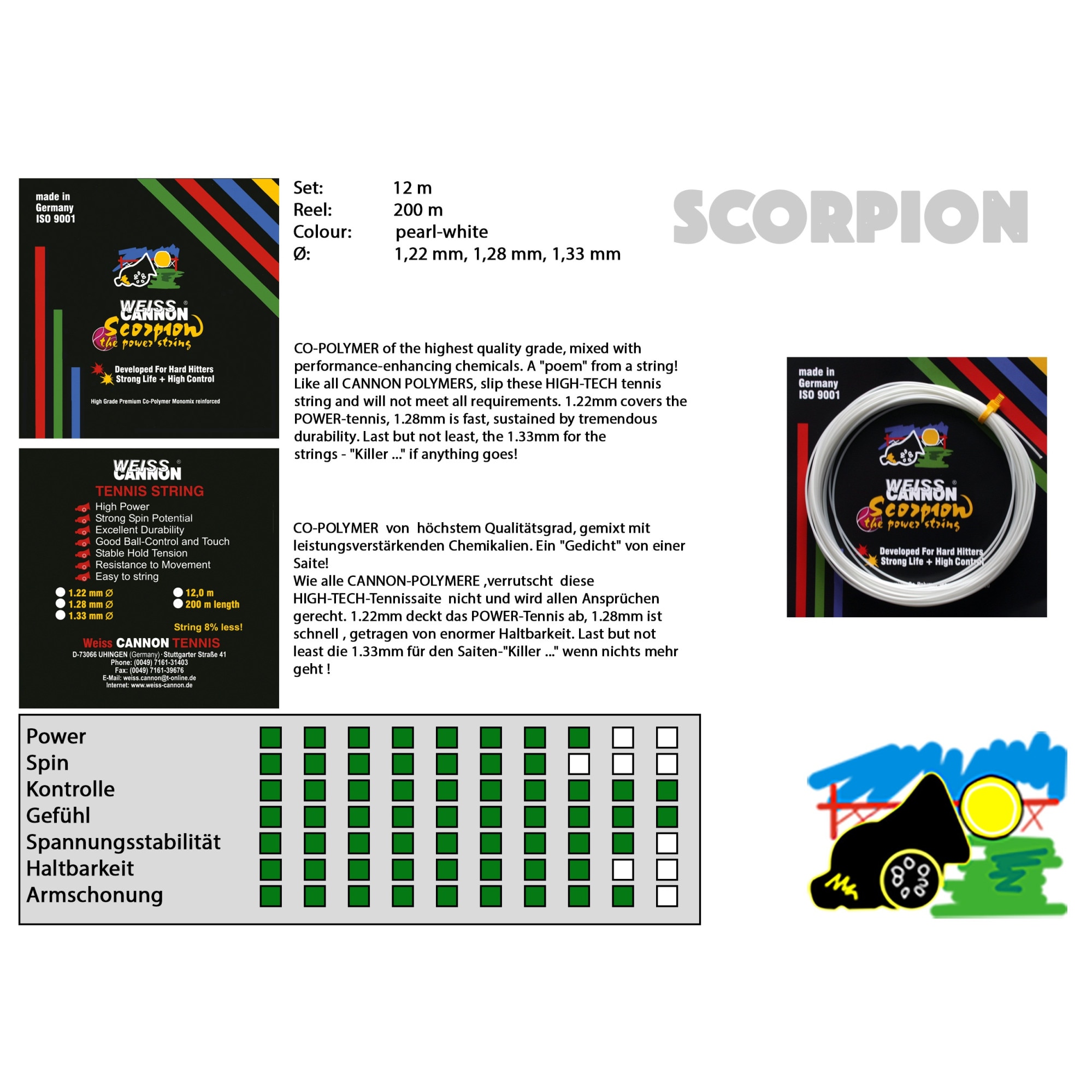 Weiss Cannon Saitenset Scorpion - Tennissaiten 12 Meter | Co-Polyester Für Power & Komfort