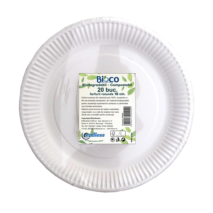 Set 20 farfurii rotunde din carton, diametru 18 cm, Bioco