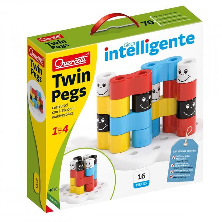 Joc educativ pentru copii Quercetti Twin Pegs 4026, joc constructie 16 piese multicolore si baza speciala in forma de floare