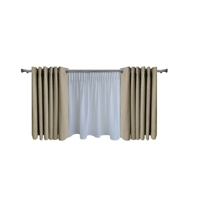 Set complet pentru fereastra Galerie Prince 19/19 - 160 cm - inox + Perdea 1008-V03 krem L 320 cm H 210 cm + Draperie Kadife V06 - inele capse inox - L 300 cm - H 210 cm