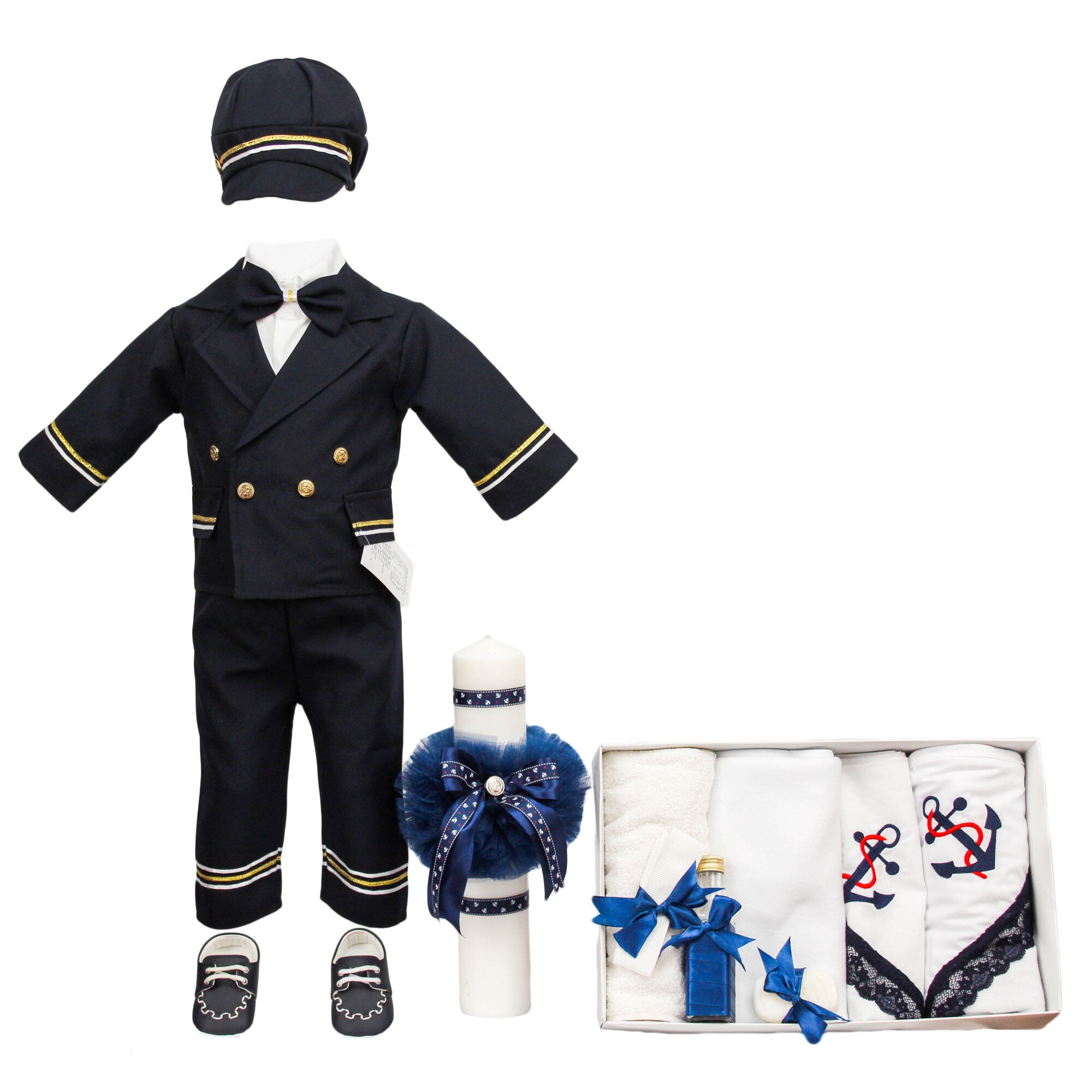 Set botez patru piese, model Marinar, culoare bleumarin, varsta 3-6 luni
