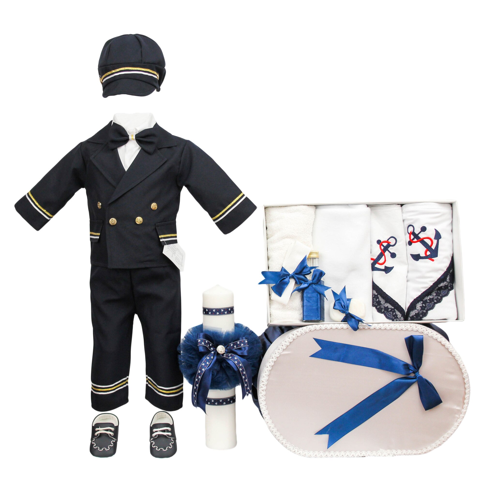 Set botez cinci piese, model Marinar, culoare bleumarin, varsta 3-6 luni