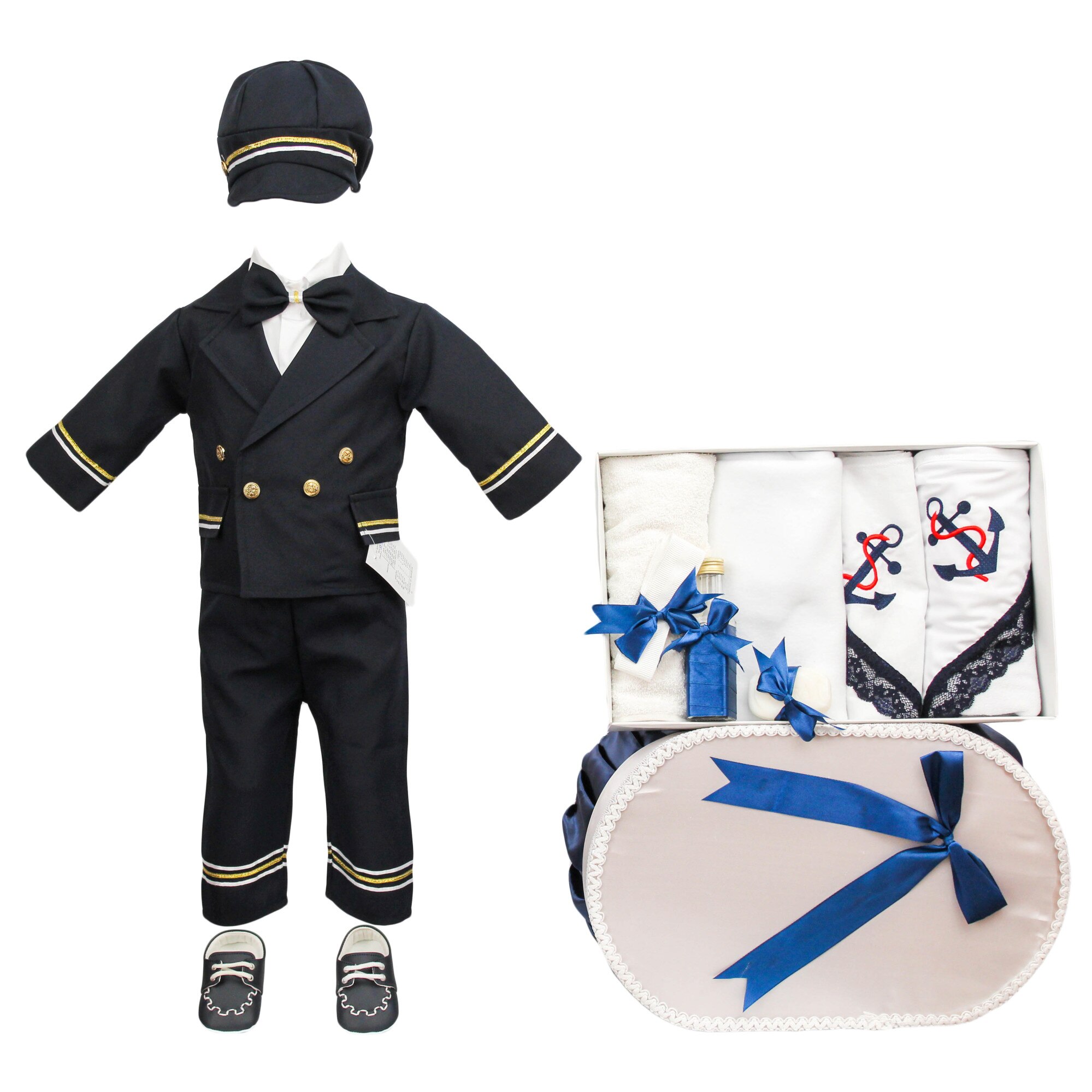 Set botez patru piese asortate, model Marinar, culoare bleumarin, varsta 3-6 luni