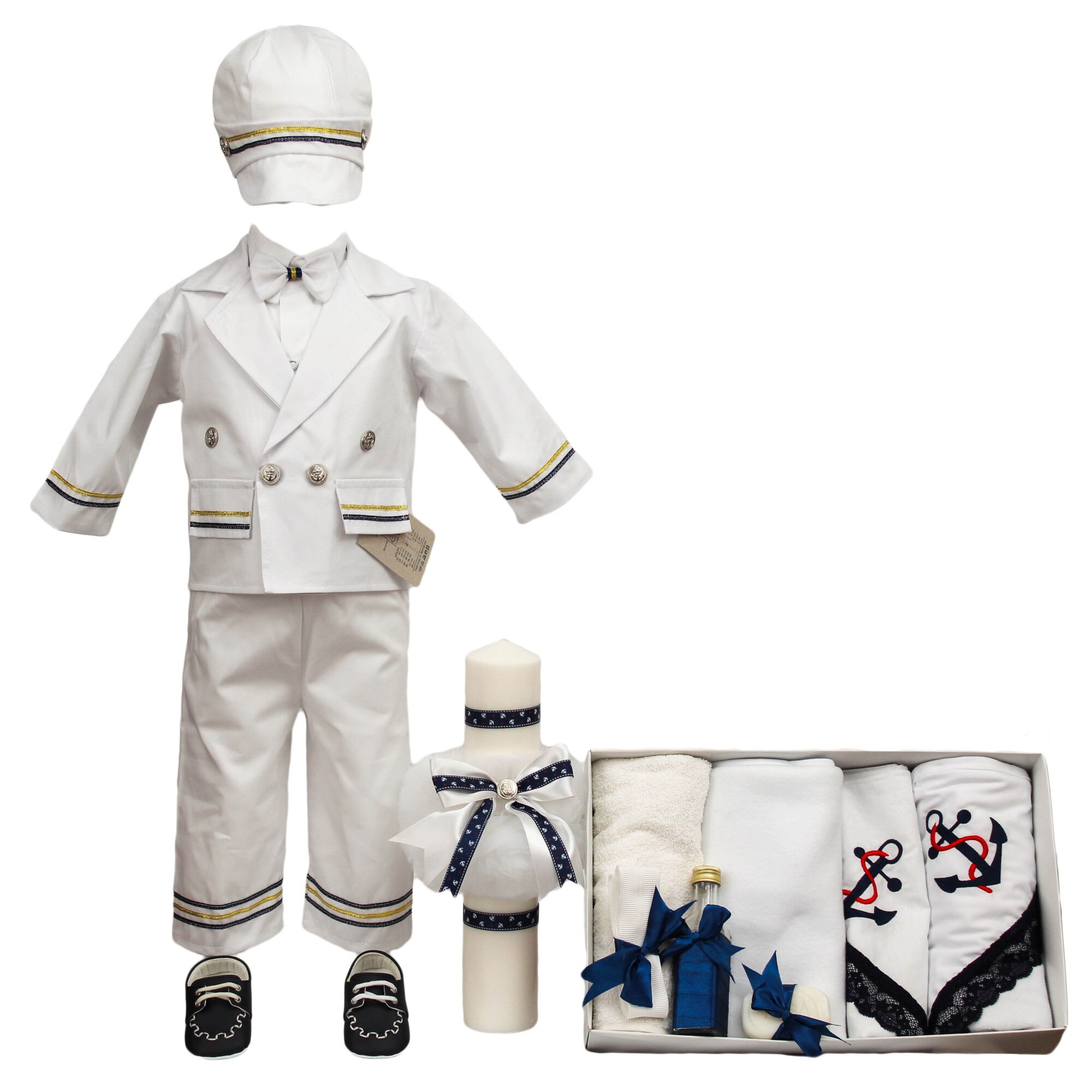 Set botez patru piese, model Marinar, culoare alba varsta 3-6 luni