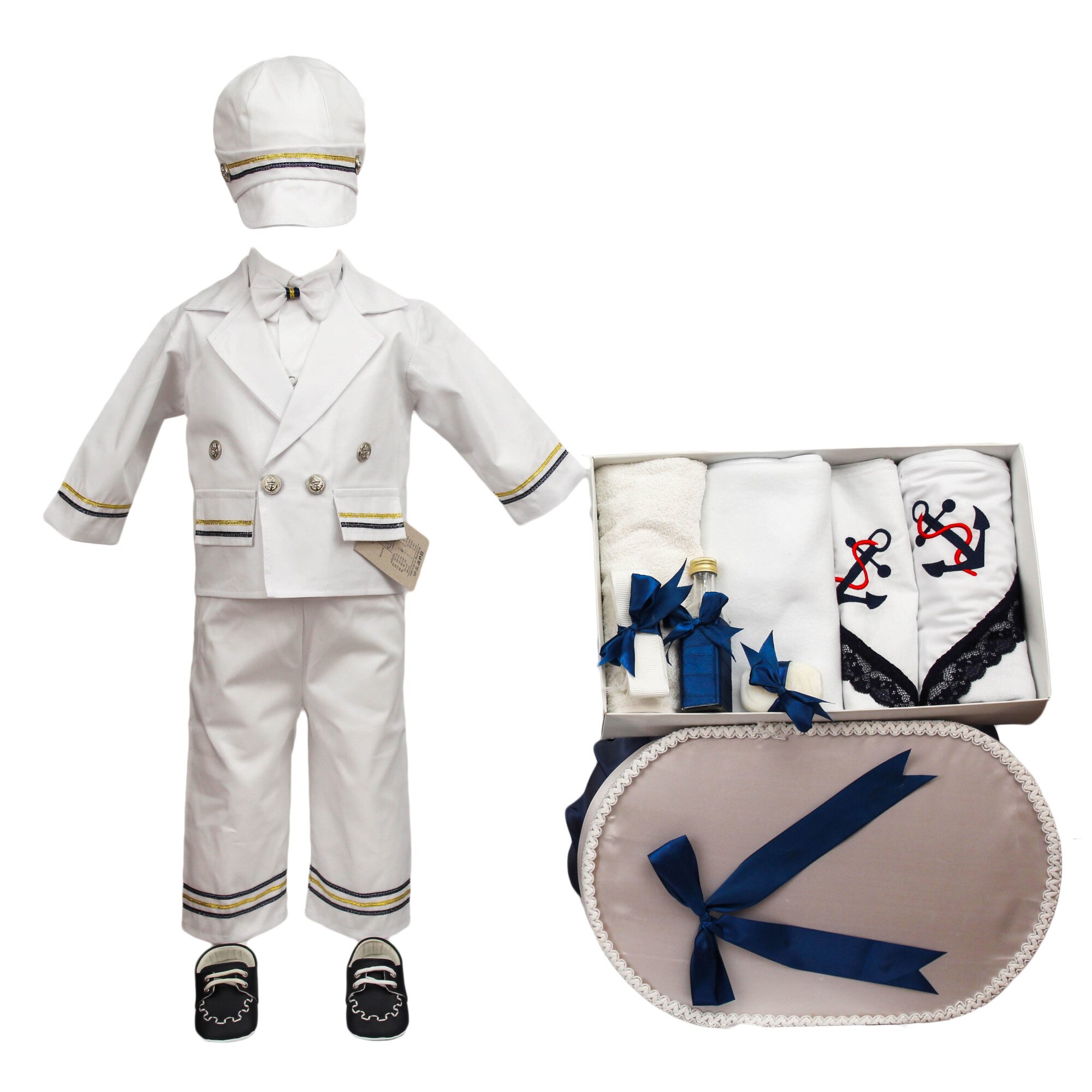 Set botez patru piese asortate, model Marinar, culoare alba, varsta 3-6 luni