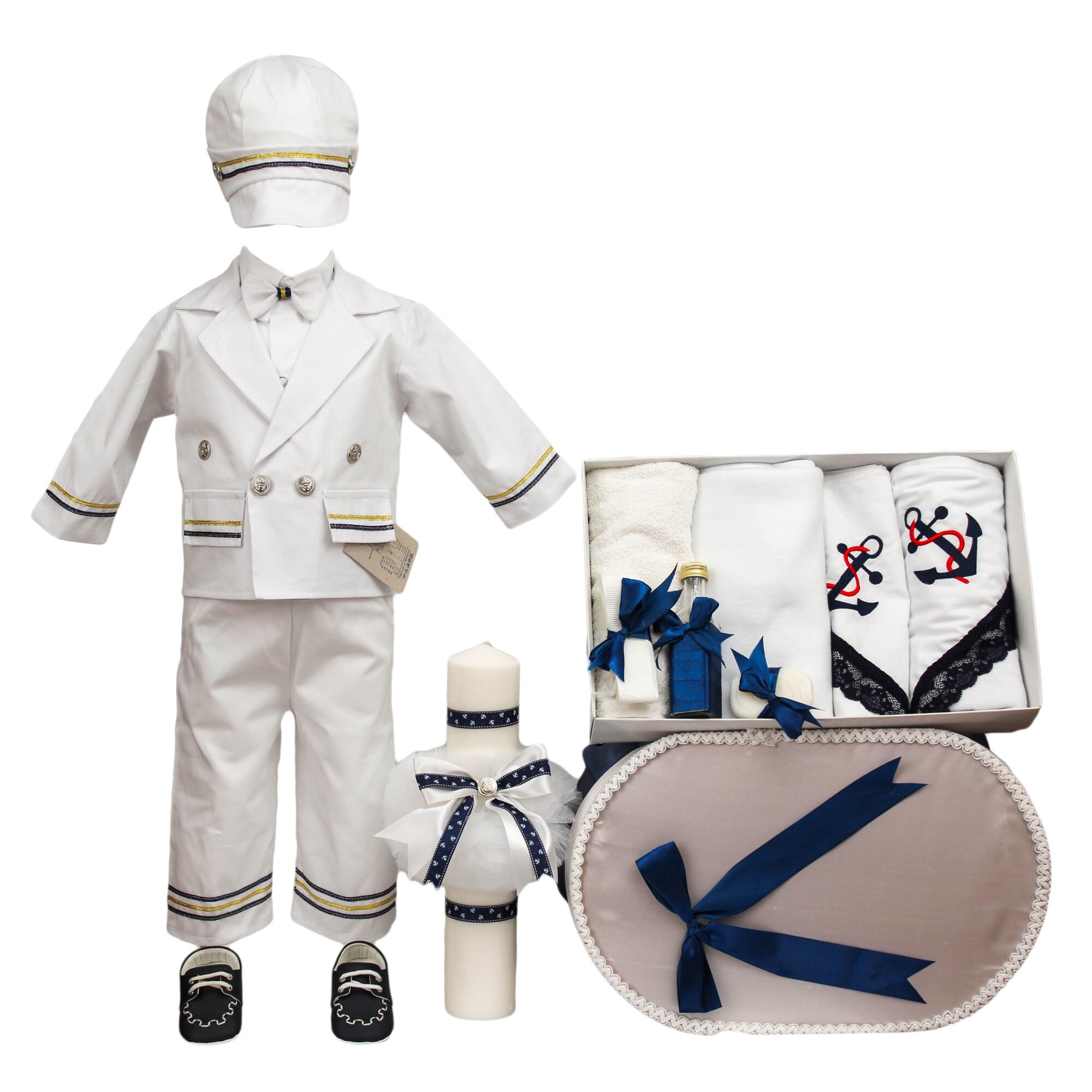 Set botez cinci piese, model Marinar, culoare alba, varsta 3-6 luni