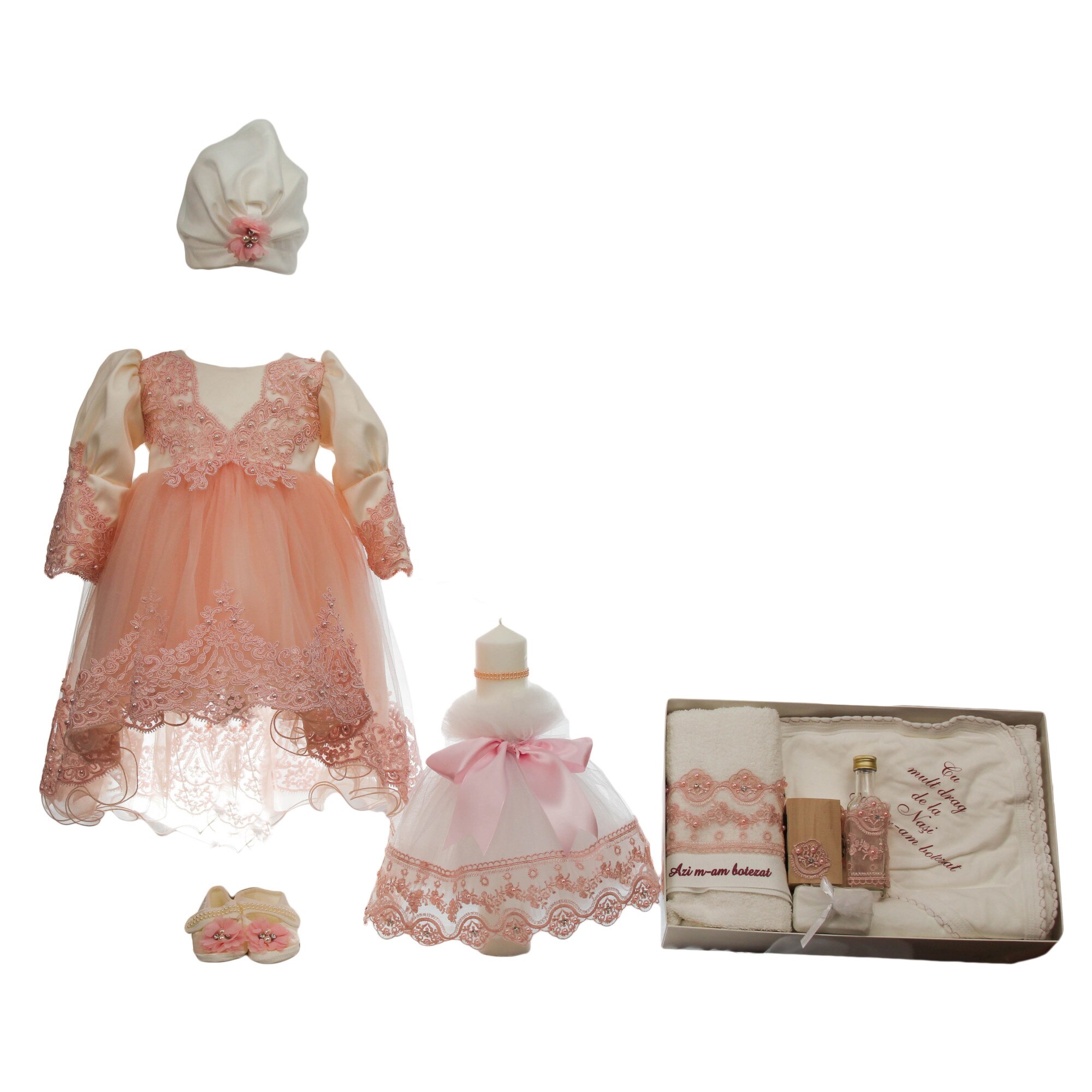 Set botez trei piese, model Elegance, culoare roz, varsta 0-3 luni