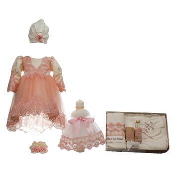 Set botez trei piese, model Elegance, culoare roz, varsta 0-3 luni Set botez trei piese, model Elegance, culoare roz, varsta 0-3 luni