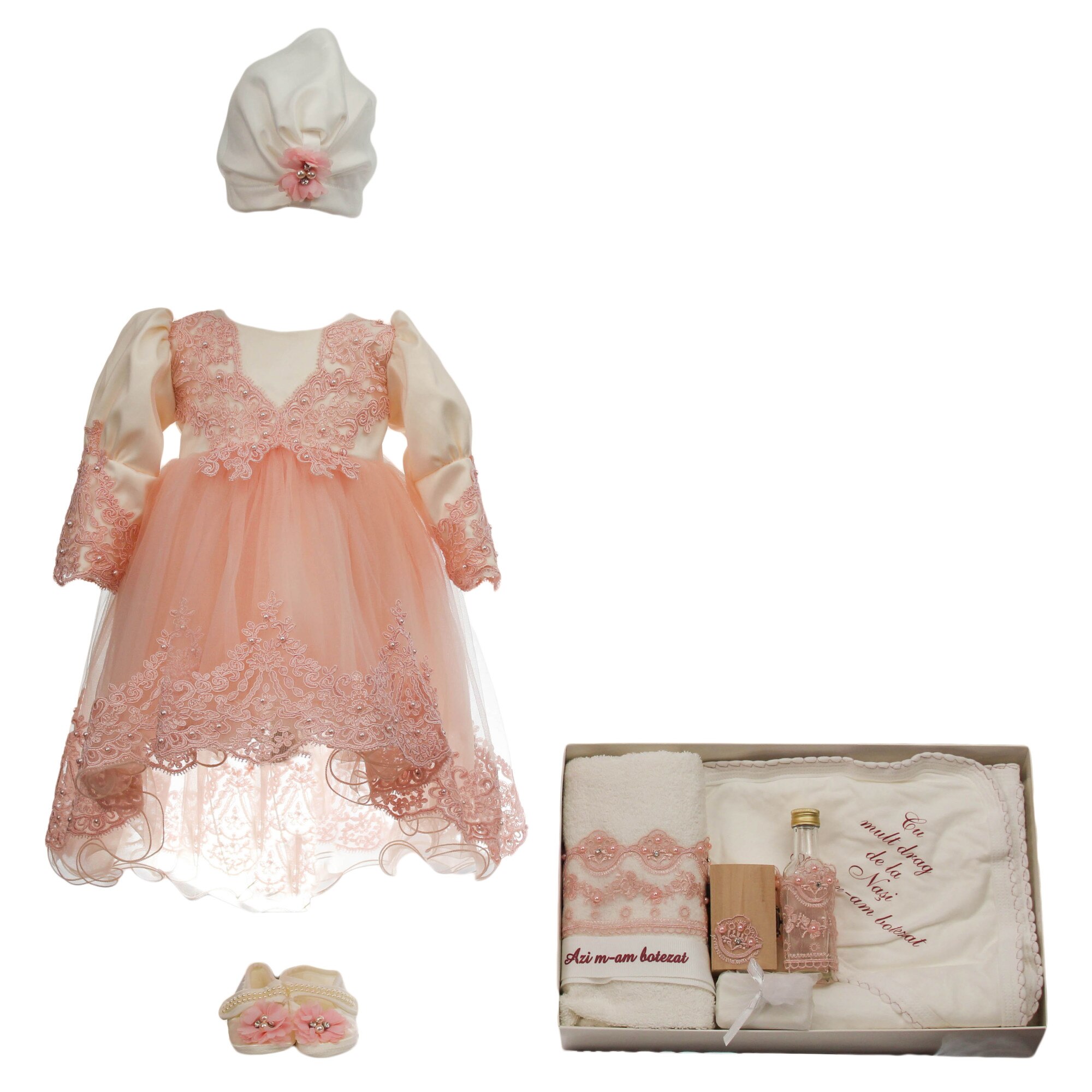 Set botez doua piese, model Elegance, culoare roz, varsta 0-3 luni