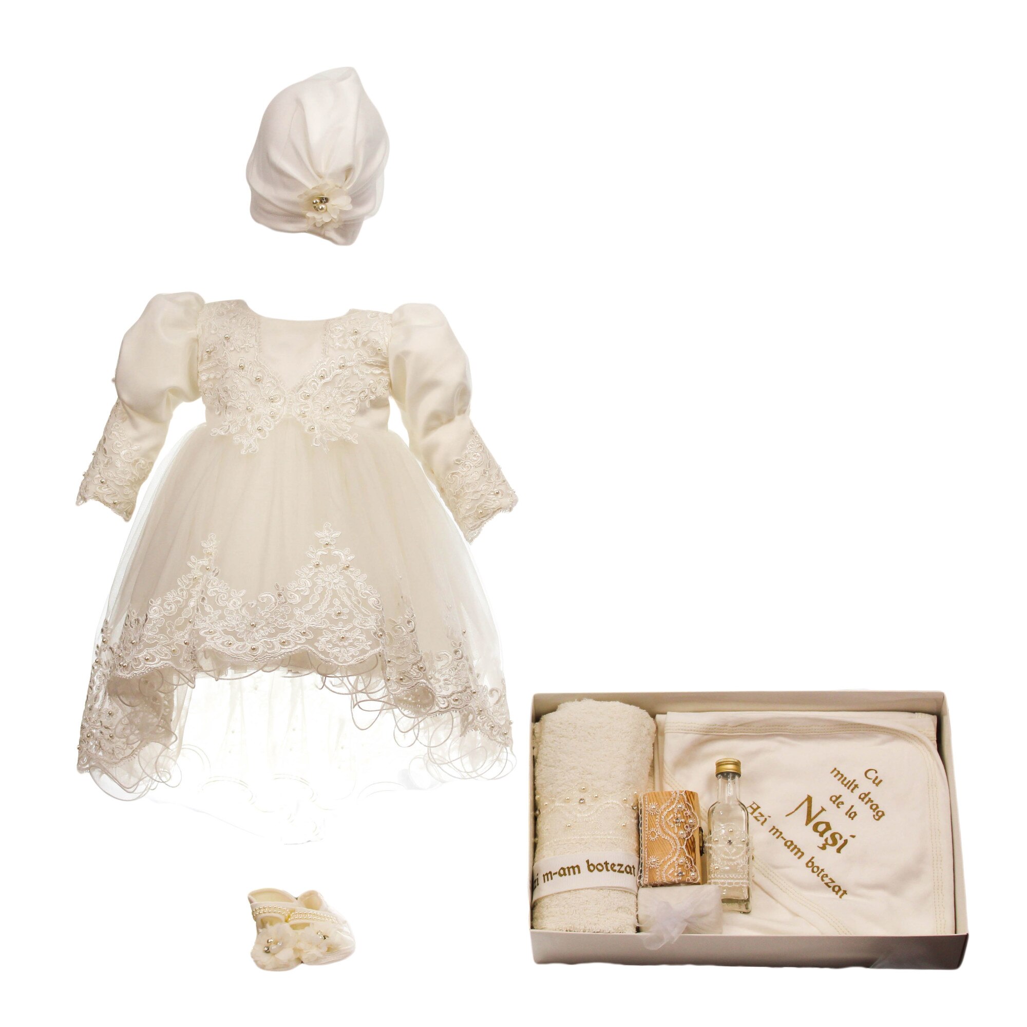 Set botez doua piese, model Elegance, culoare alba, varsta 6-9 luni