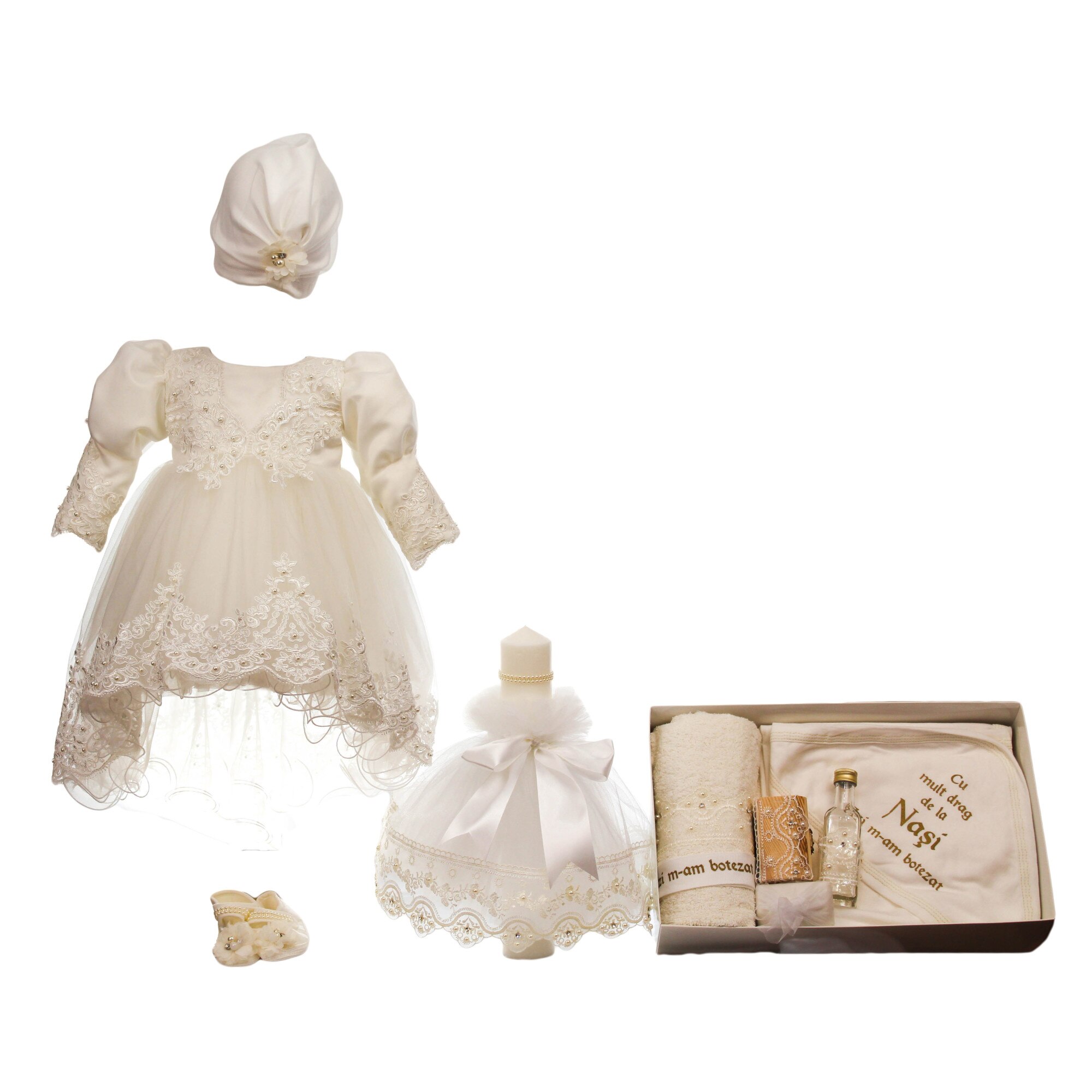 Set botez trei piese, model Elegance, culoare alba, varsta 0-3 luni