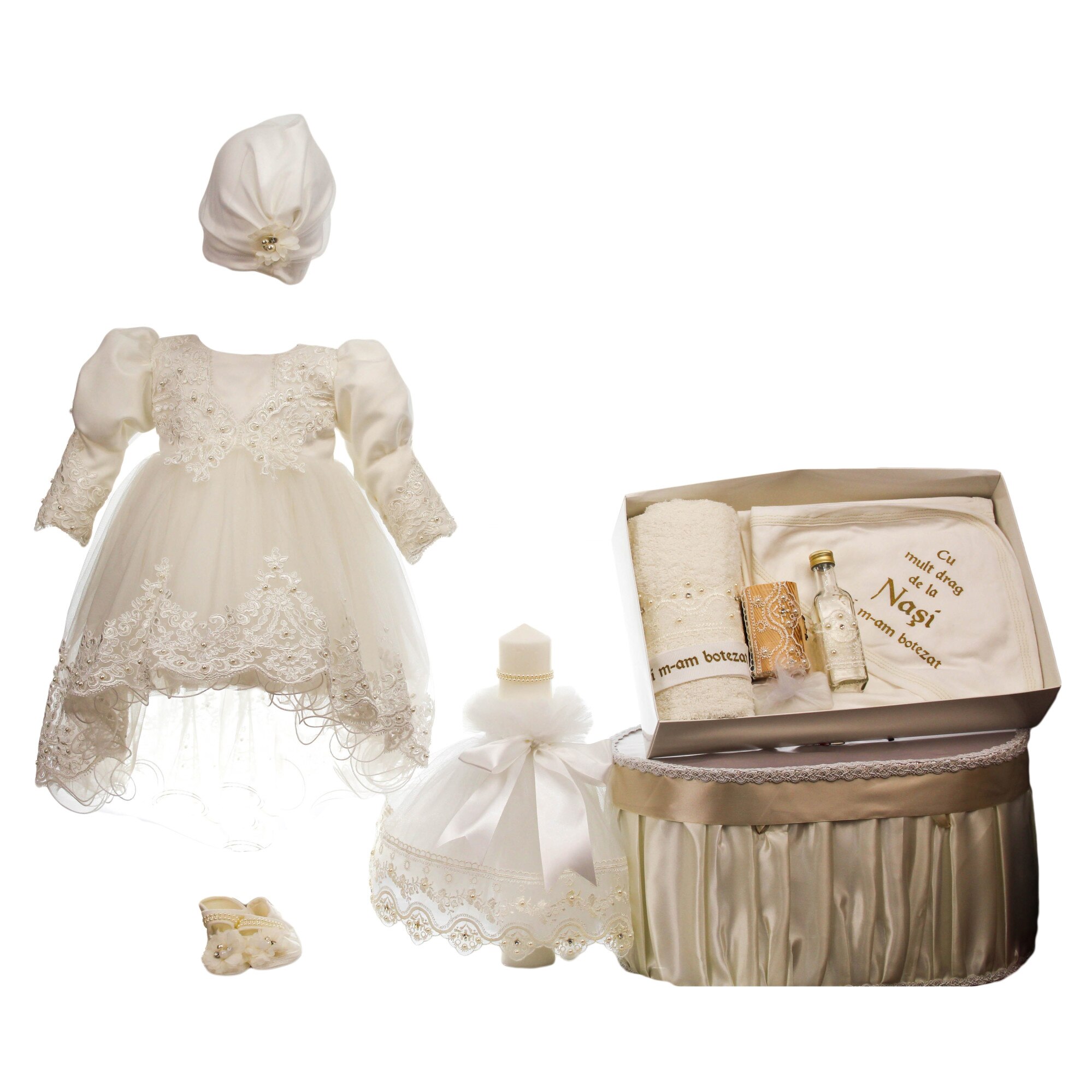 Set botez patru piese, model Elegance, culoare alba, varsta 0-3 luni