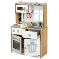 Bucatarie din Lemn Natural "Baby Kitchen" cu 16 Accesorii pentru gatit, 92 cm Inaltime, Cuptor, Plita Aragaz, Chiuveta, Dulapior pentru depozitare si Cuptor cu Microunde
