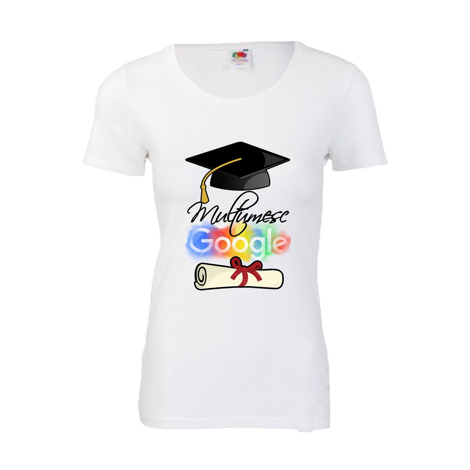 Tricou dama personalizat imprimeu MULTUMESC GOOGLE, L, alb