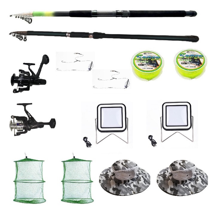 Set 2 lansete pescuit sport, 2 mulinete, doua proiectoare si accesorii
