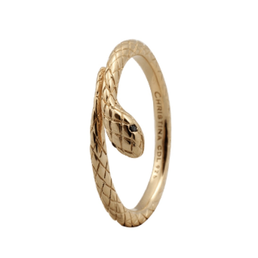 Inel Diamond Snake, Argint placat cu aur galben 18k, 2 Diamante negre, Masura 55