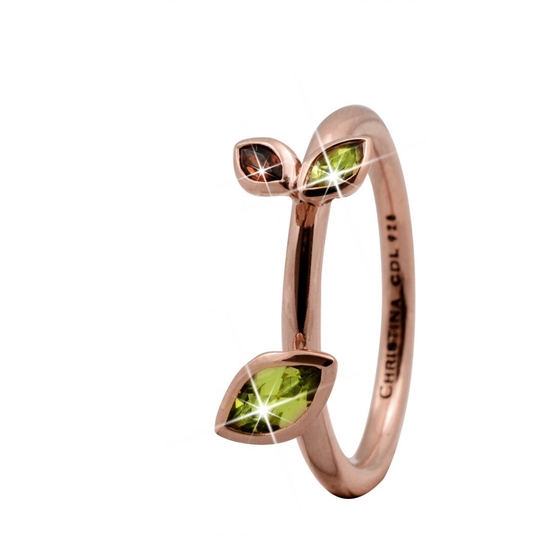 Inel Marquise Leafs, Argint placat cu aur roze 18k, Peridot, Granat, Masura 51