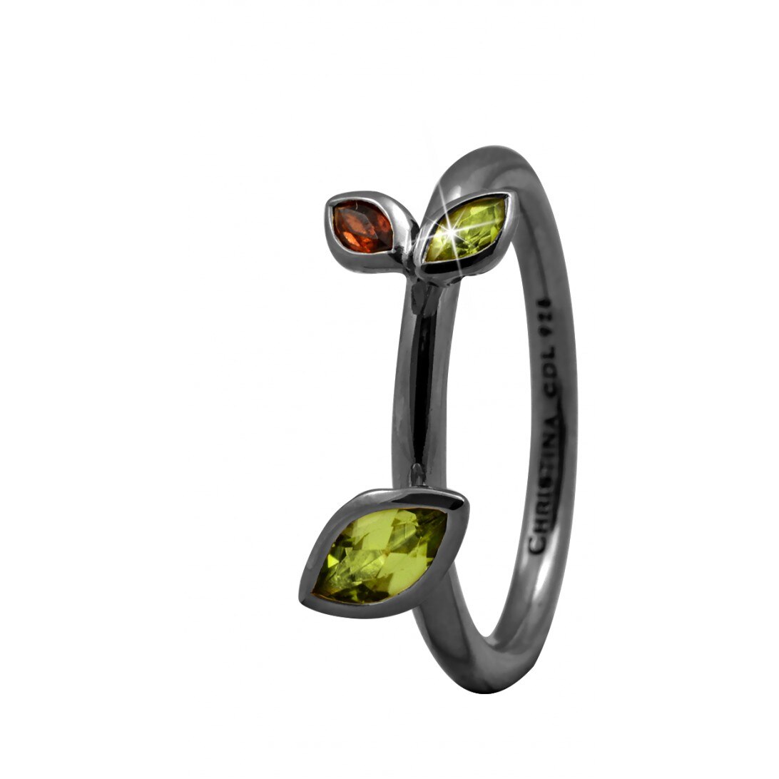 Inel Marquise Leafs, Argint cu ruteniu, Peridot, Granat, Masura 55