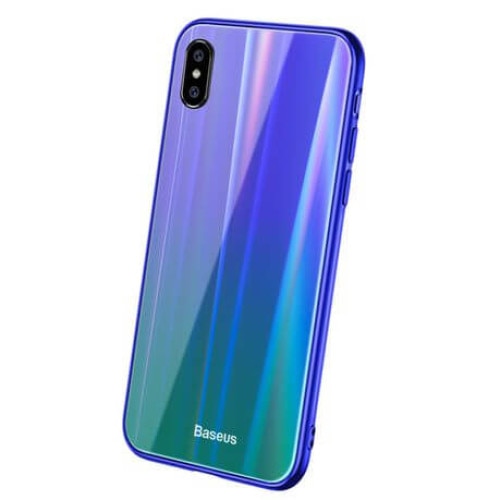 Husa Baseus Laser Luster cu Spate din Sticla Securizata iPhone X / XS , Albastru