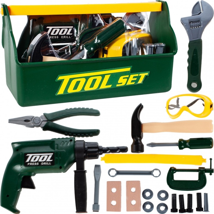 Trusa de bricolaj interactiva The Little Workshop, Accesorizata cu unelte si scule simbolice, Dezvolta creativitatea, Material din plastic, Verde-Negru