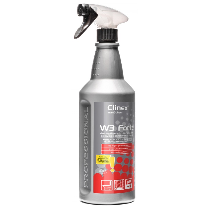 Clinex W3 Forte, 1 literes, permetezővel, erős oldat, WC és fürdőszoba tisztításhoz