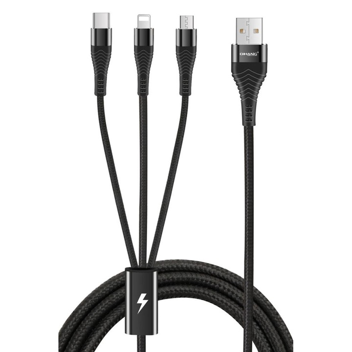 Кабел 3 в 1 за зареждане и data MicroUSB, Lightning и Type-C конектори