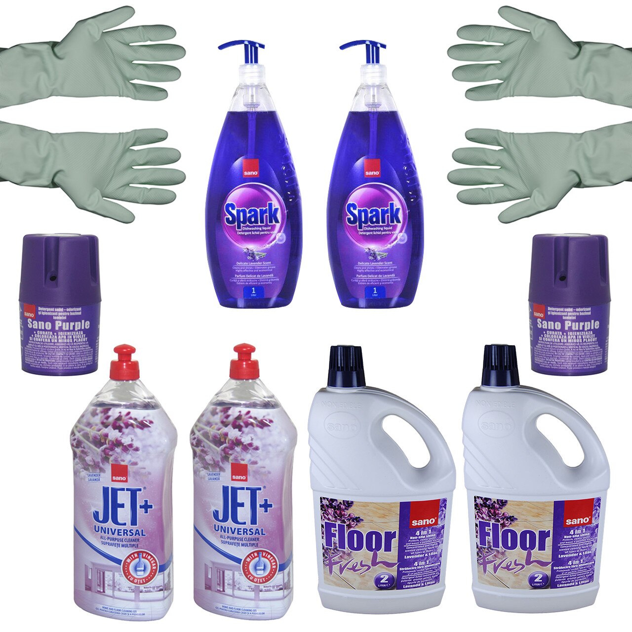Pachet - 2 x Sano Jet Plus, Universal, Lavanda, 1.5L + 2 x Sano Floor Fresh, Lavanda si liliac, 2L + 2 x Manusi menaj uz casnic + 2 x Sano spark, delicate Lavender scent, 1 L + 2 x Odorizant toaleta, Sano Purple, 150g