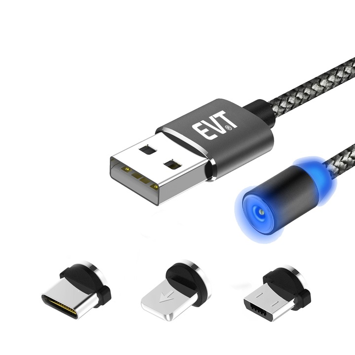 Cablu de incarcare EVTrend® Premium Magnetic, 3 in 1, USB-C, Micro-USB, compatibil cu Apple, conectori metalici din aluminiu, invelis protector din nylon composit impletit, USB, 5V, 2A, 1m, Led, Negru