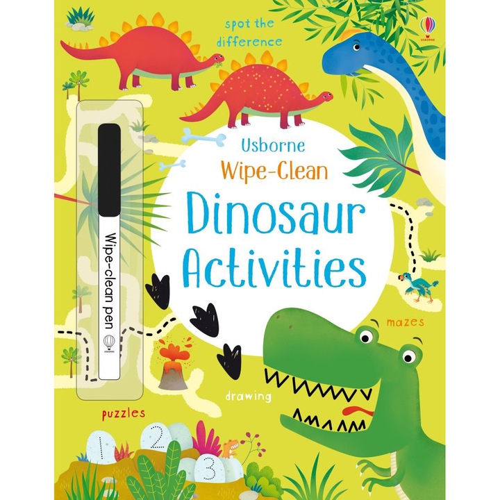 Carte educativa de activitati "Wipe-clean dinosaur activities", 3 ani+, Usborne