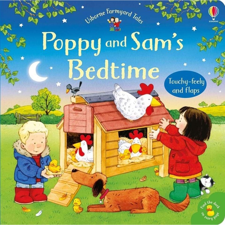 Carte de povesti pentru copii, senzoriala si cu clapete, cartonata, Poppy and Sam’s Bedtime, usborne plus semn de carte cadou