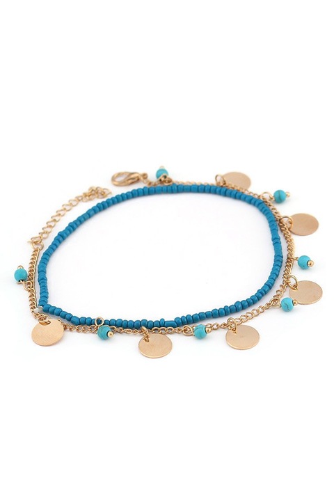 Set Bratari de glezna etnice, lantisor cu banuti si margele turcoaz, Auriu