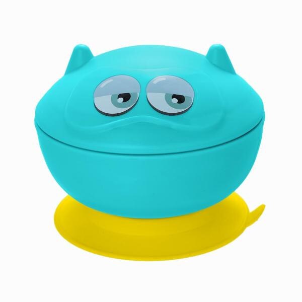 Bol cu ventuza si capac, capacitate 340 ml, fara BPA, fara materiale toxice, albastru/galben