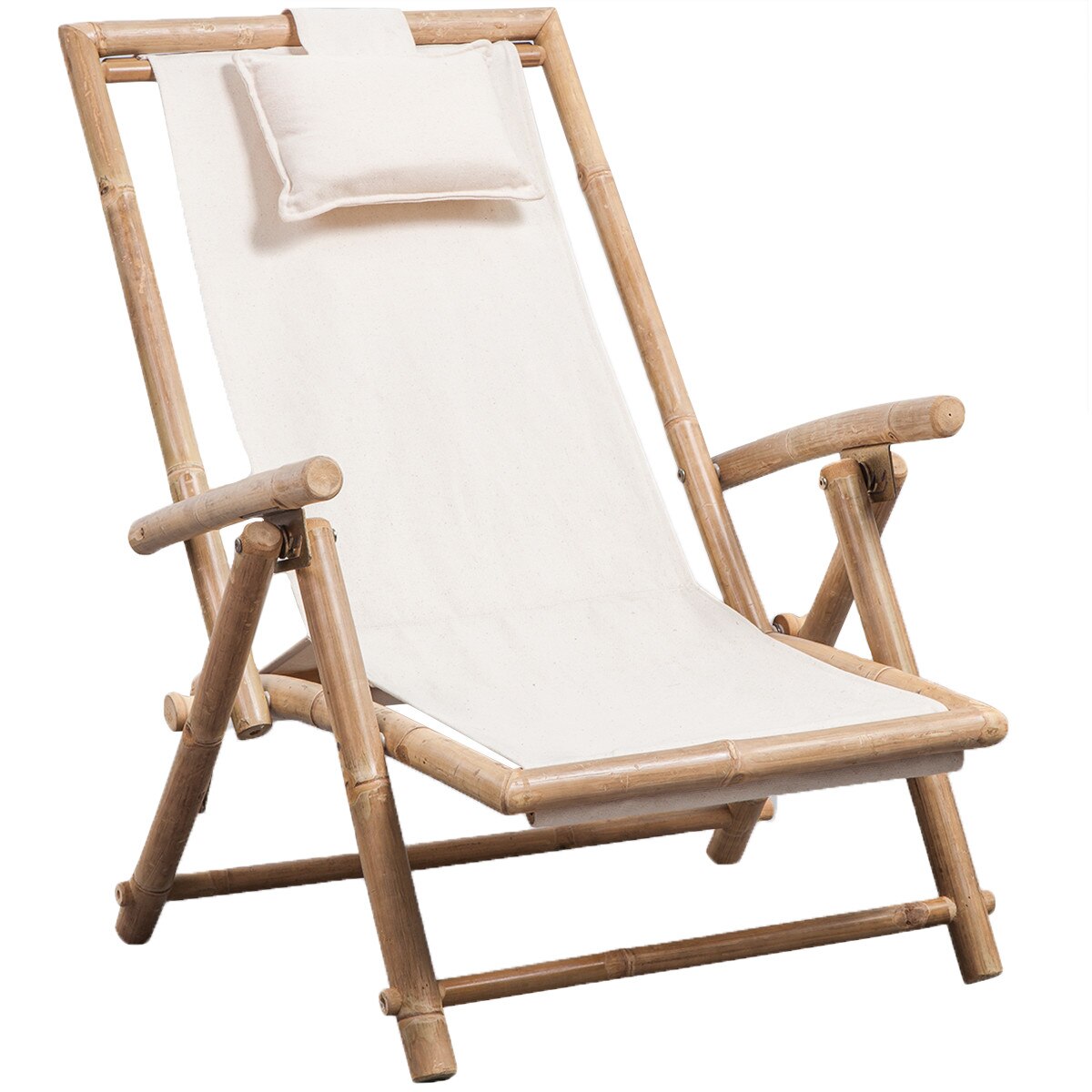 Scaun de gradina cu cadru din lemn de bambus, vidaXL, Alb, 110 x 64 x 91 cm