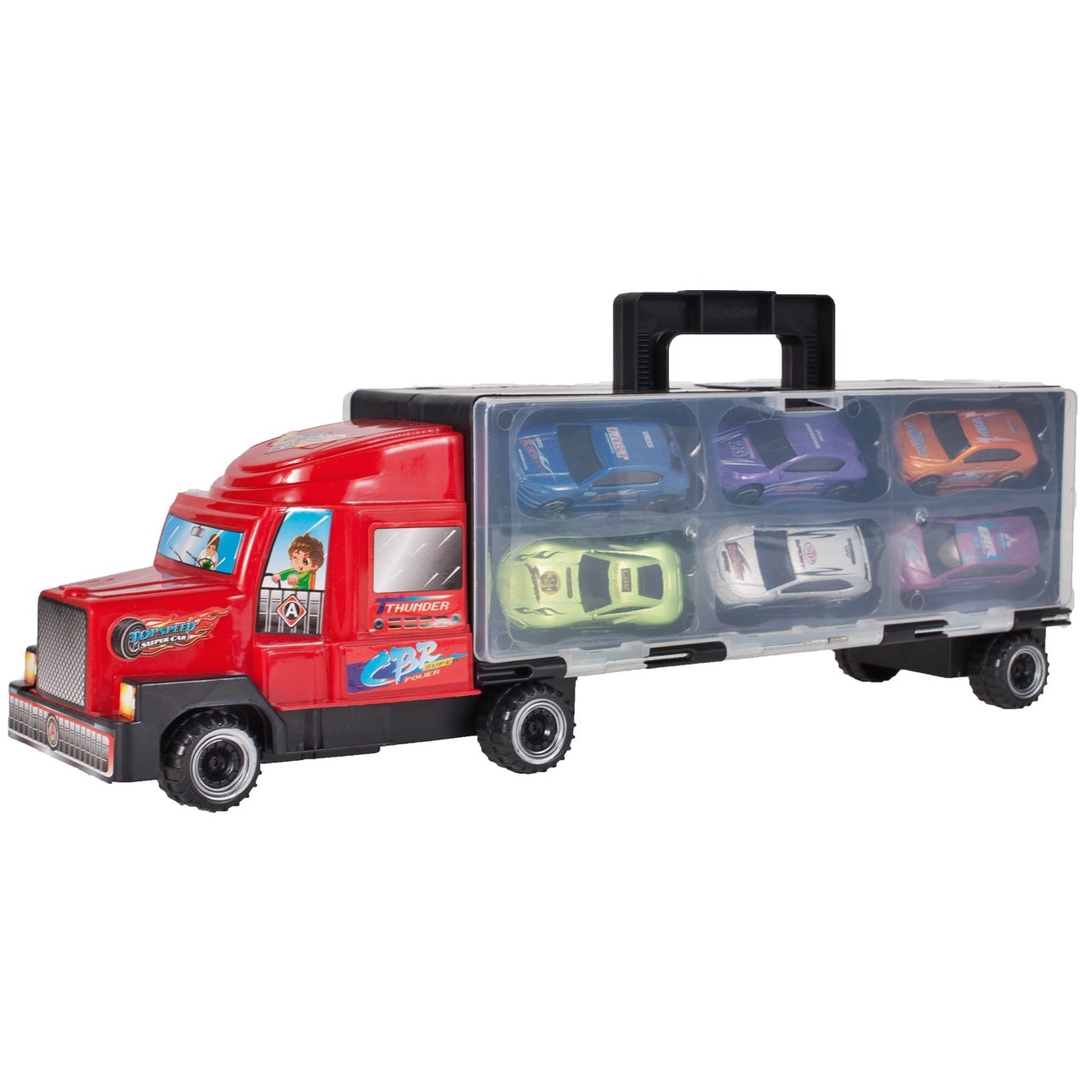 Camion cu 6 MASINUTE Metalice cu Design Modern IDL, MAXI TRUCK, Accesorizat cu spatiu special pentru depozitarea colectiilor de masini, Echipat cu AUTOCALANTE haioase pentru o distractie GARANTATA