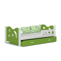 Pat copii Eurotel Mikolaj, 190 x 80 cm, Saltea inclusa, Lemn/MDF, Alb/ Verde