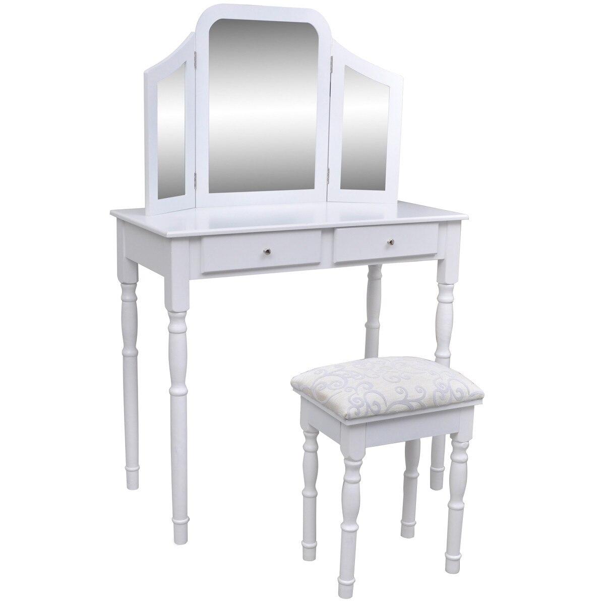 Set masa de toaleta cu oglinda 3 in 1 si taburet, vidaXL, Alb