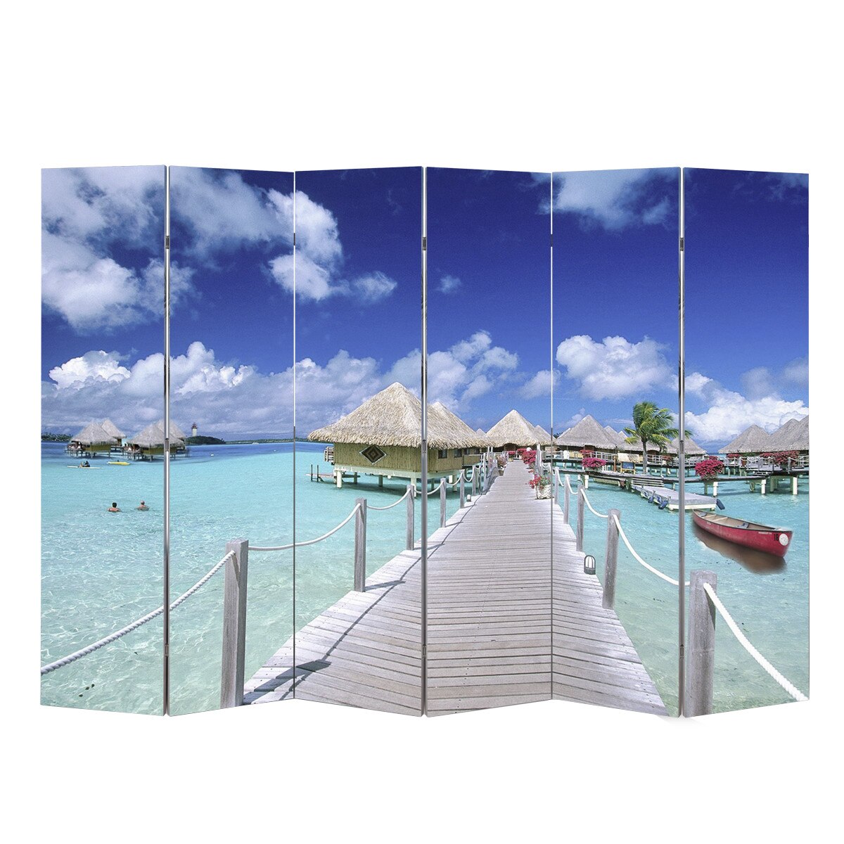Paravan de camera cu model printat plaja, vidaXL, Cadru de lemn, 240 x 180 cm, Multicolor