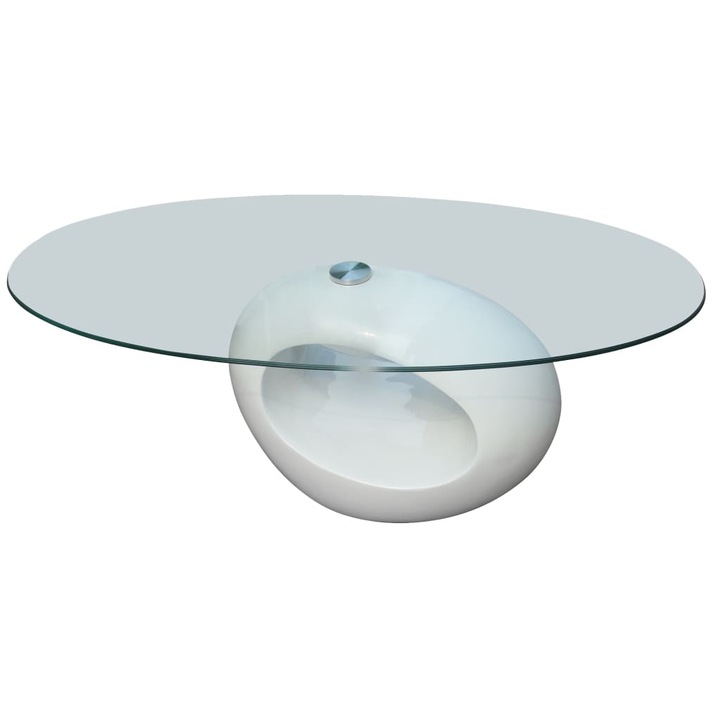 Masuta de cafea cu blat oval din sticla vidaXL, alb lucios, 19.6 kg