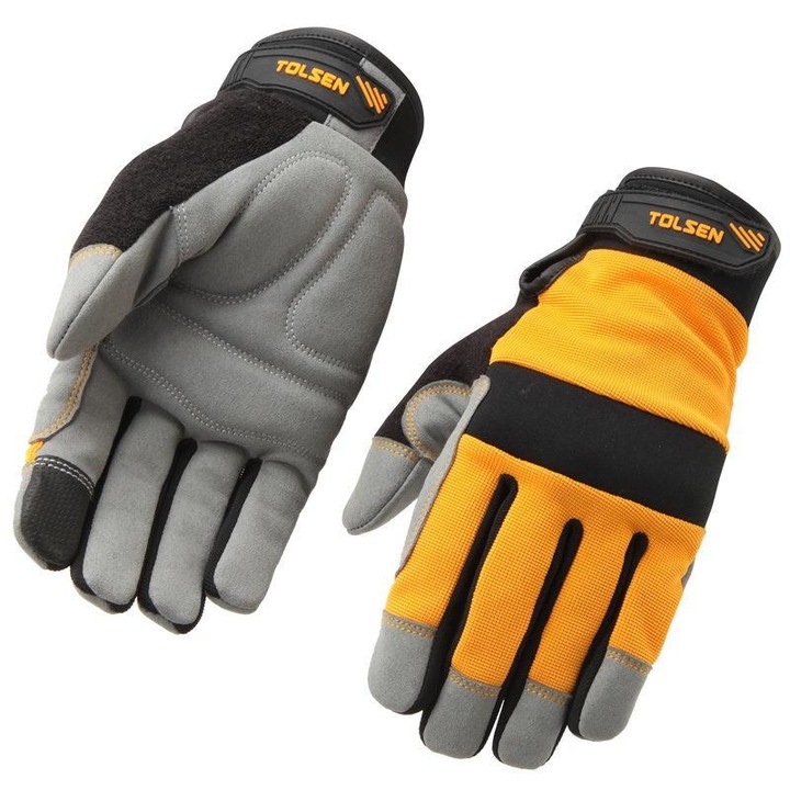 Manusi mecanice TOLSEN marimea XL, ventilate si confortabile, cu degete dublu cusute pentru durabilitate sporita, inchidere flexibila cu prindere sigura la incheietura, ideale pentru lucrari tehnice, professional work safety protection equipment