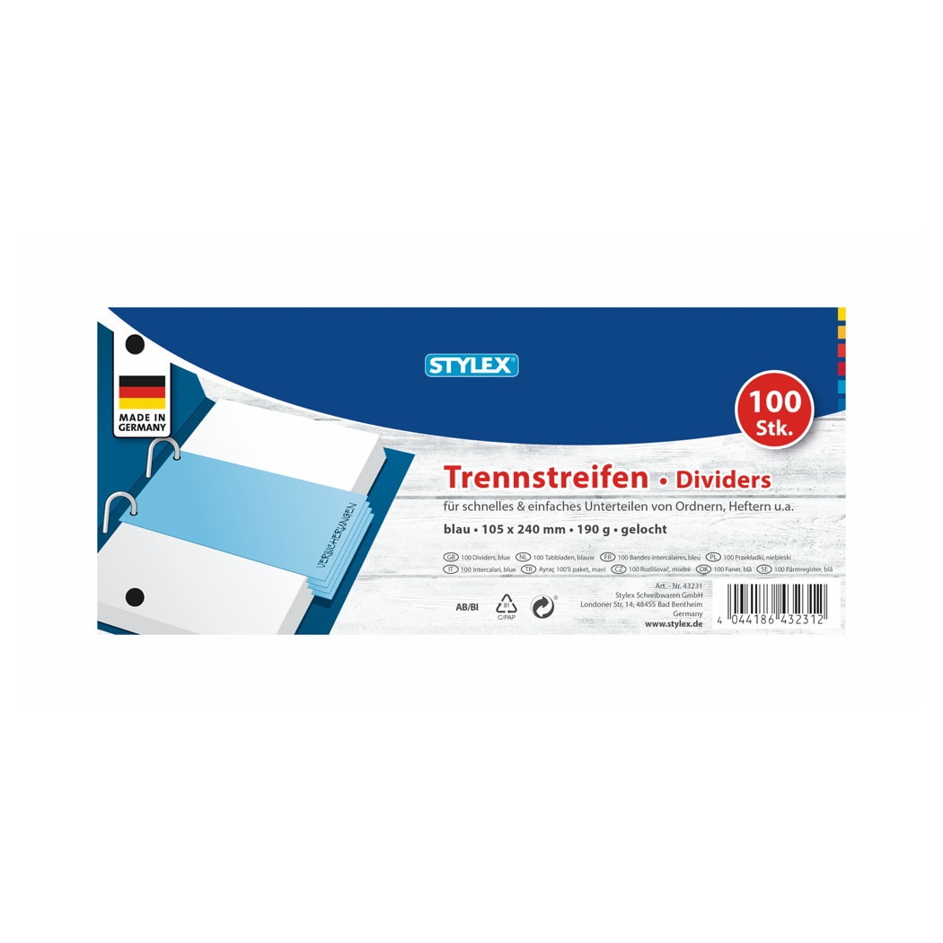 Separatoare din carton 190 gr/mp Stylex, 240x105 mm, 100 buc/set, albastre